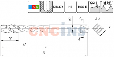 TSF1.M14х1,5.6H.DIN374.M35 Метчик М14х1,5 для глухих отверстий, DIN374, без покрытия
