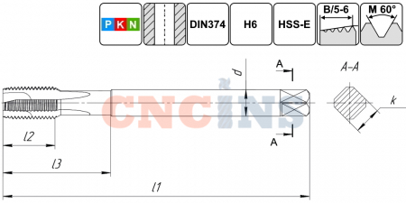 TSP1.M12х1,5.6H.DIN374.M35 Метчик М12х1,5 для сквозных отверстий, DIN374, без покрытия