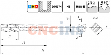 TSF1.M16х1,0.6H.DIN374.TiN.M35 Метчик М16х1,0 для глухих отверстий, DIN374, с покрытием TiN