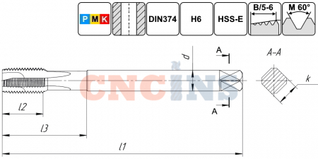 TSP1.M16х1,0.6H.DIN374.TiN.M35 Метчик М16х1,0 для сквозных отверстий, DIN374, с покрытием TiN